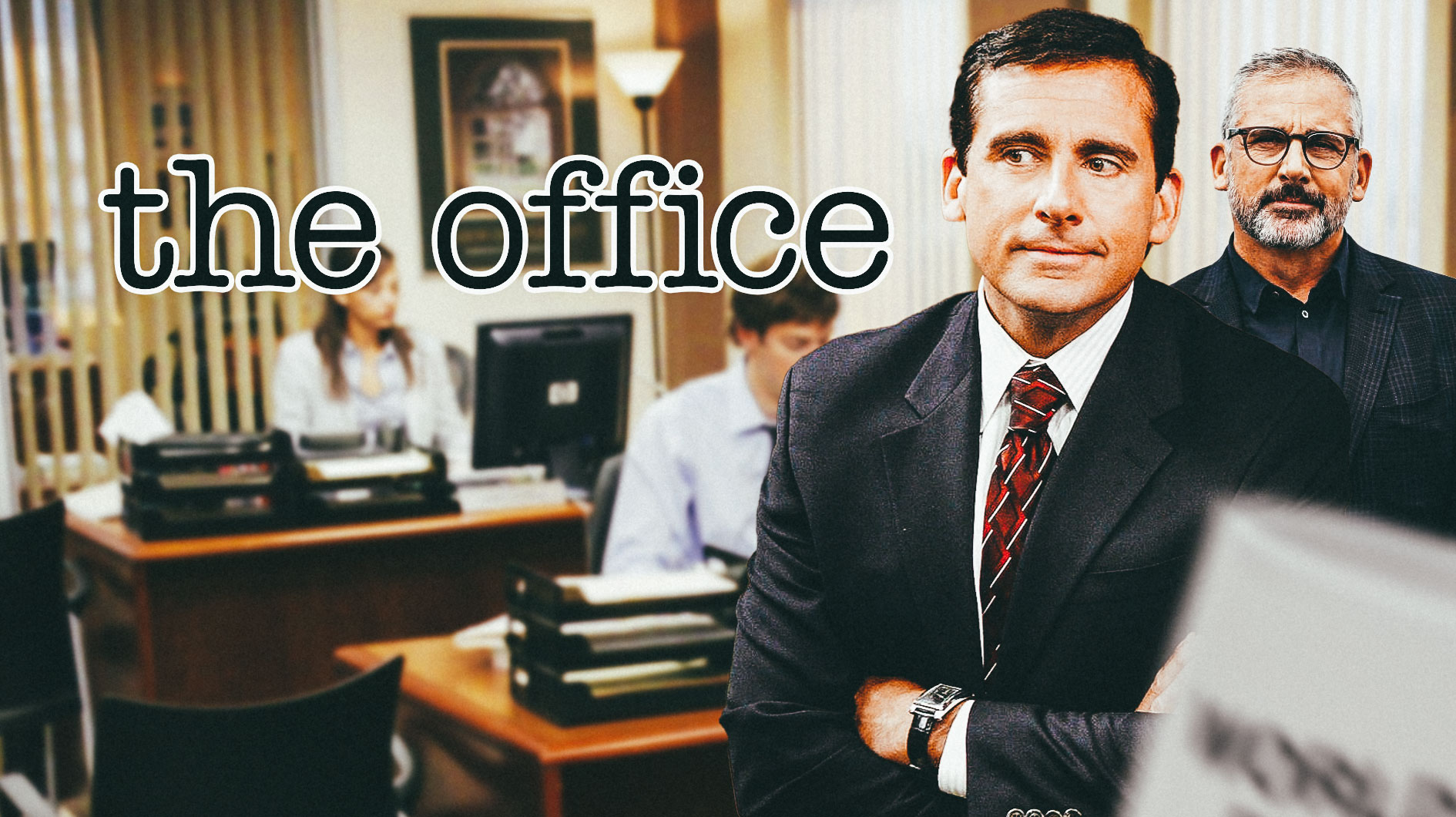 Michael Scott and Steve Carell with The Office logo and Dunder MIfflin background.