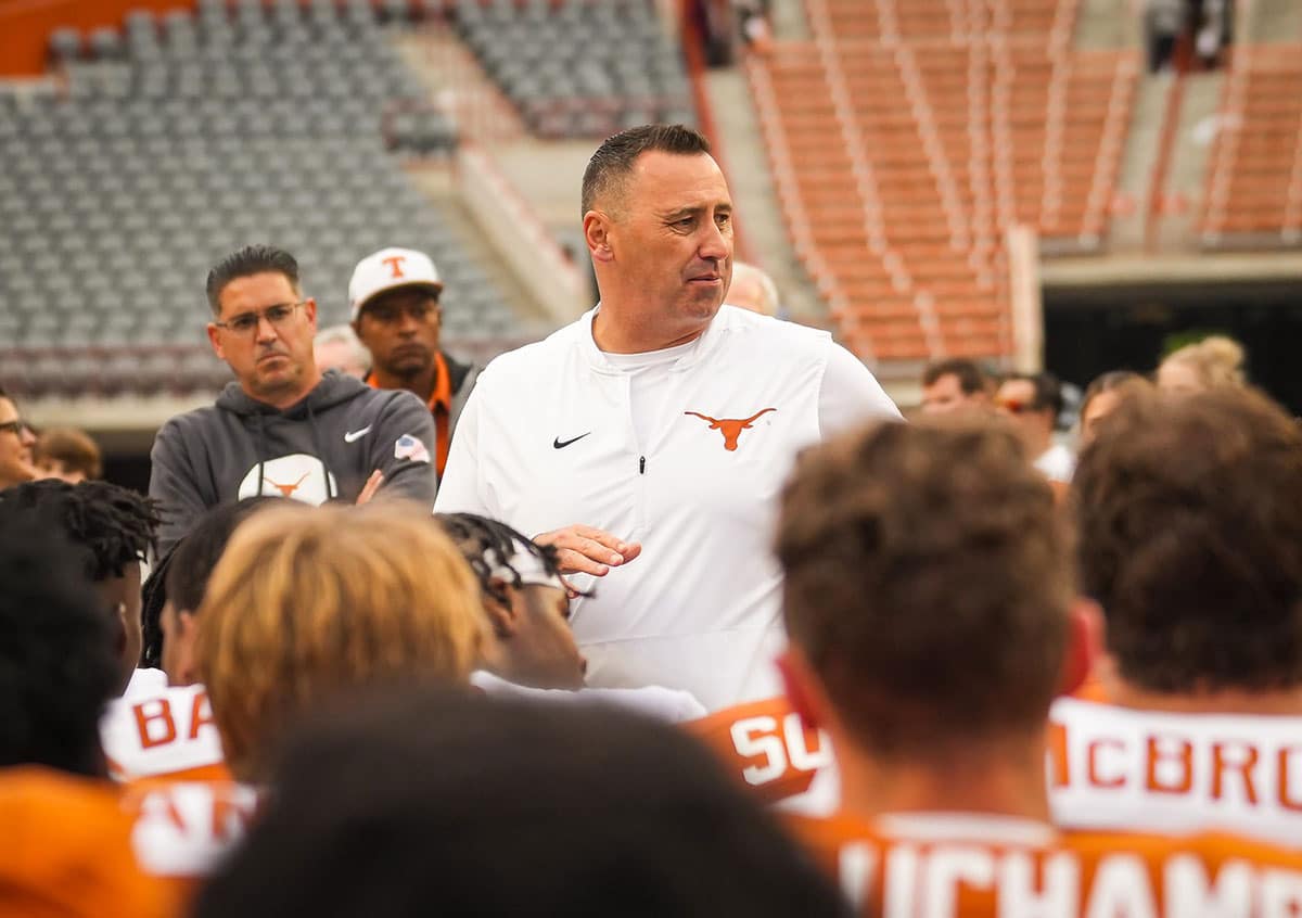 Texas Longhorns Head Coach Steve Sarkisian speaks to the team following the Longhorns' spring Orange and White game at Darrell K Royal Texas Memorial Stadium