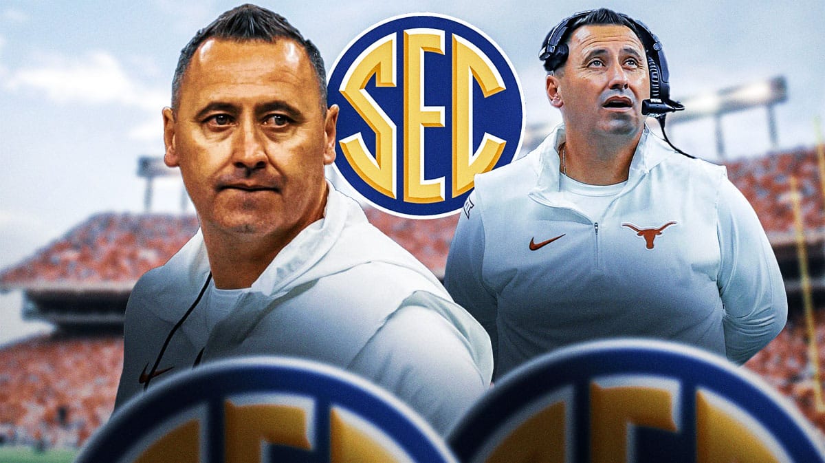 Texas football's Steve Sarkisian stands next to SEC logo, injury reporter reporters in background
