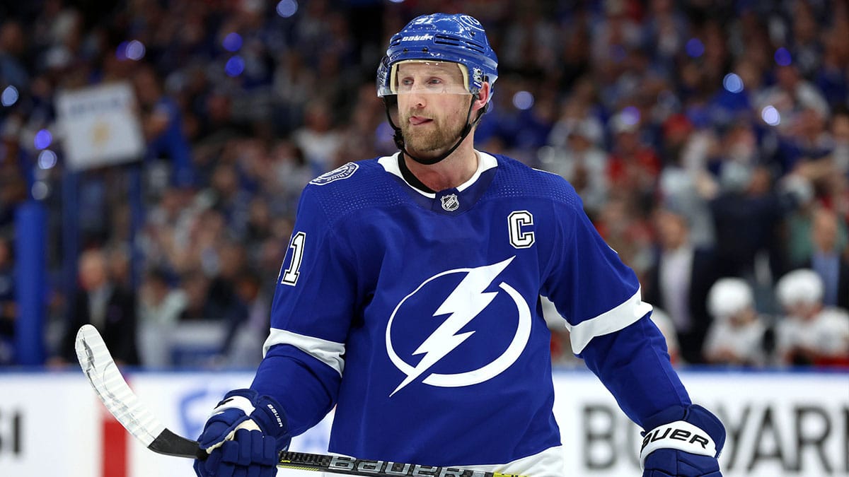Tampa Bay Lightning center Steven Stamkos (91) looks on against the Florida Panthers during the third period in game four of the first round of the 2024 Stanley Cup Playoffs at Amalie Arena.