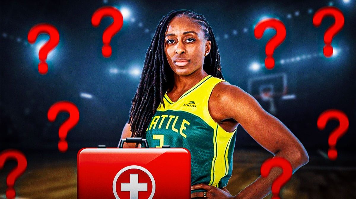 Seattle Storm player Nneka Ogwumike, with question marks surrounding here, and a injury/medical symbol
