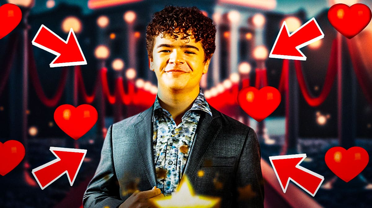 Gaten Matarazzo and Stranger Things background with hearts.