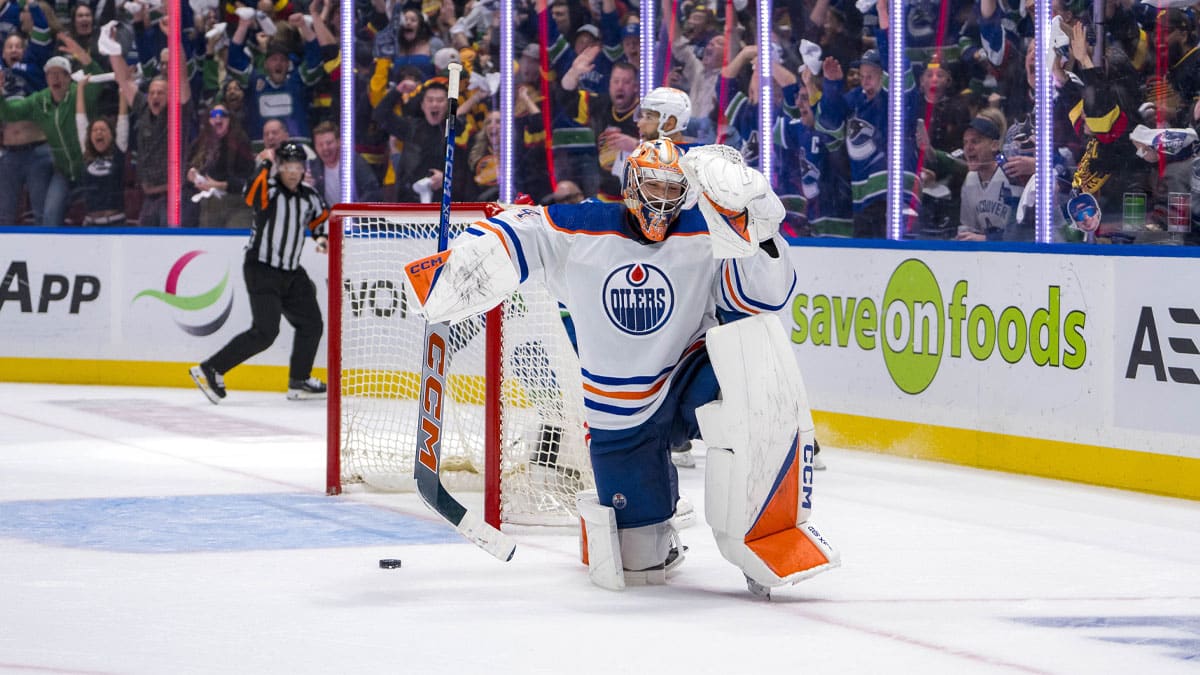 Edmonton Oilers goalie Stuart Skinner (74) reacts after Vancouver Canucks forward Conor Garland (8) scored the game winning goal during the third period in game one of the second round of the 2024 Stanley Cup Playoffs at Rogers Arena.