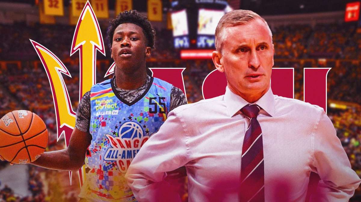 Joson Sanon alongside Bobby Hurley with the Arizona State logo in the background, Arizona