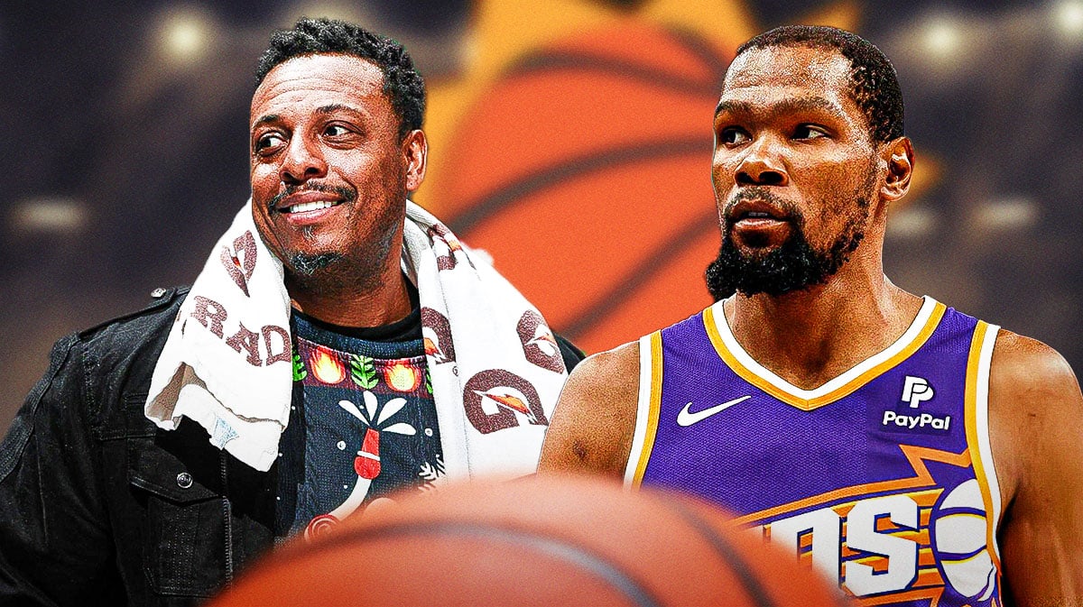 Suns' Kevin Durant stands next to Celtics' Paul Pierce, NBA legacy ranking lists in background