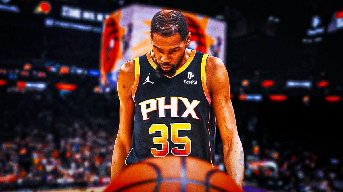Kevin Durant looking frustrated with Suns arena in background
