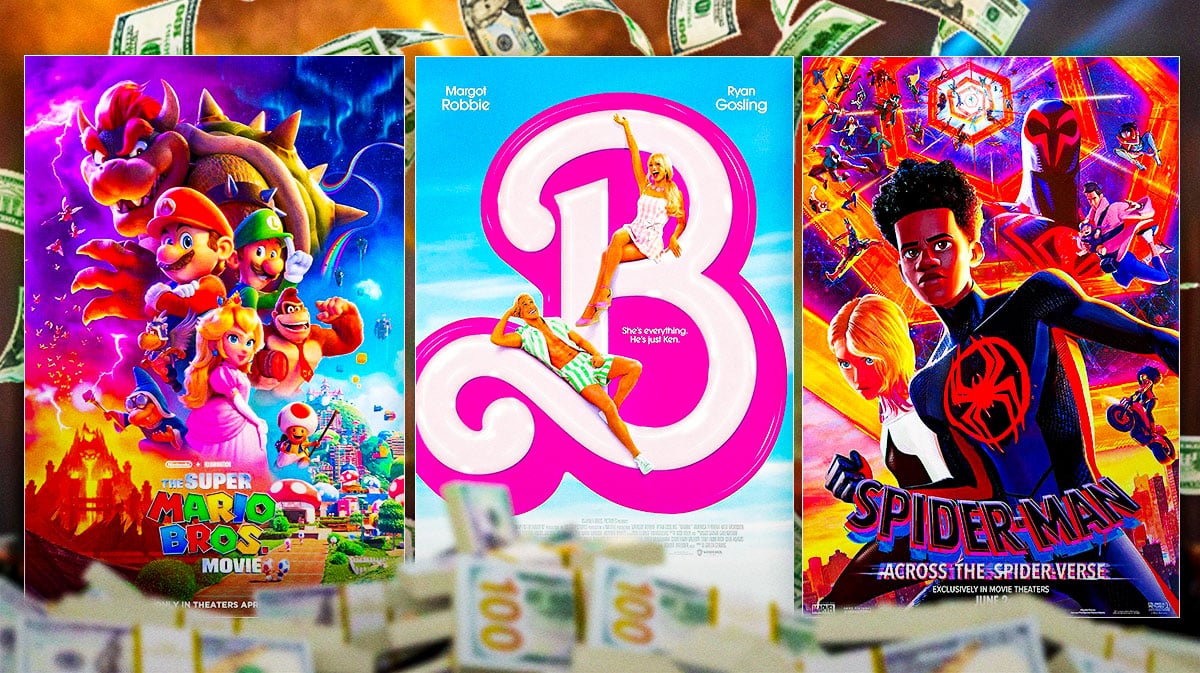 The Super Mario Bros. Movie, Barbie, Spider-Man: Across the Spider-Verse biggest box office net profits with money on thumbnail.