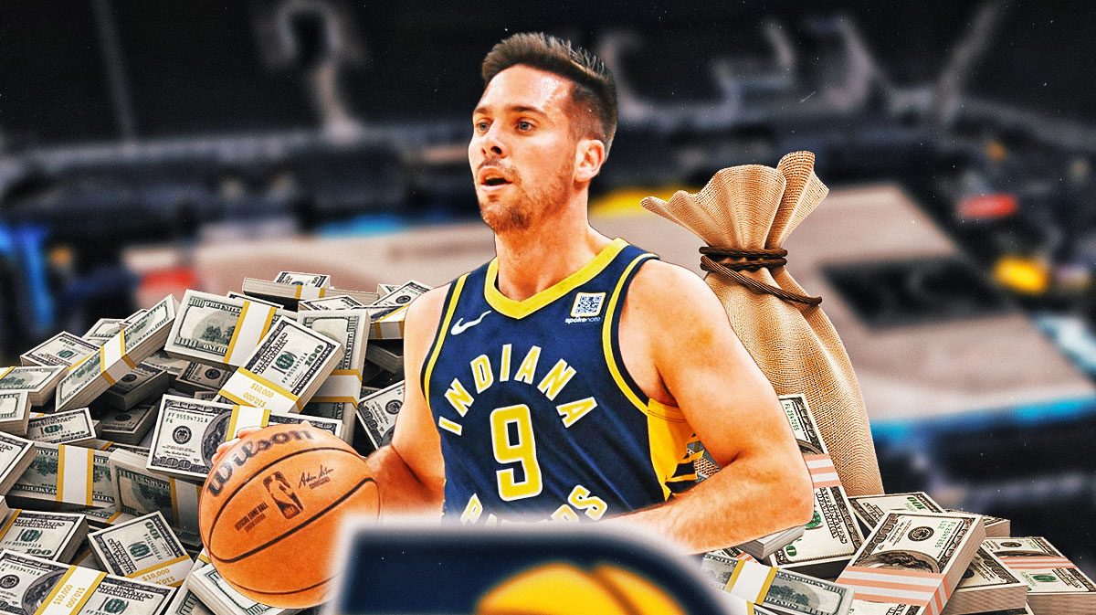 TJ McConnell surrounded by piles of cash.