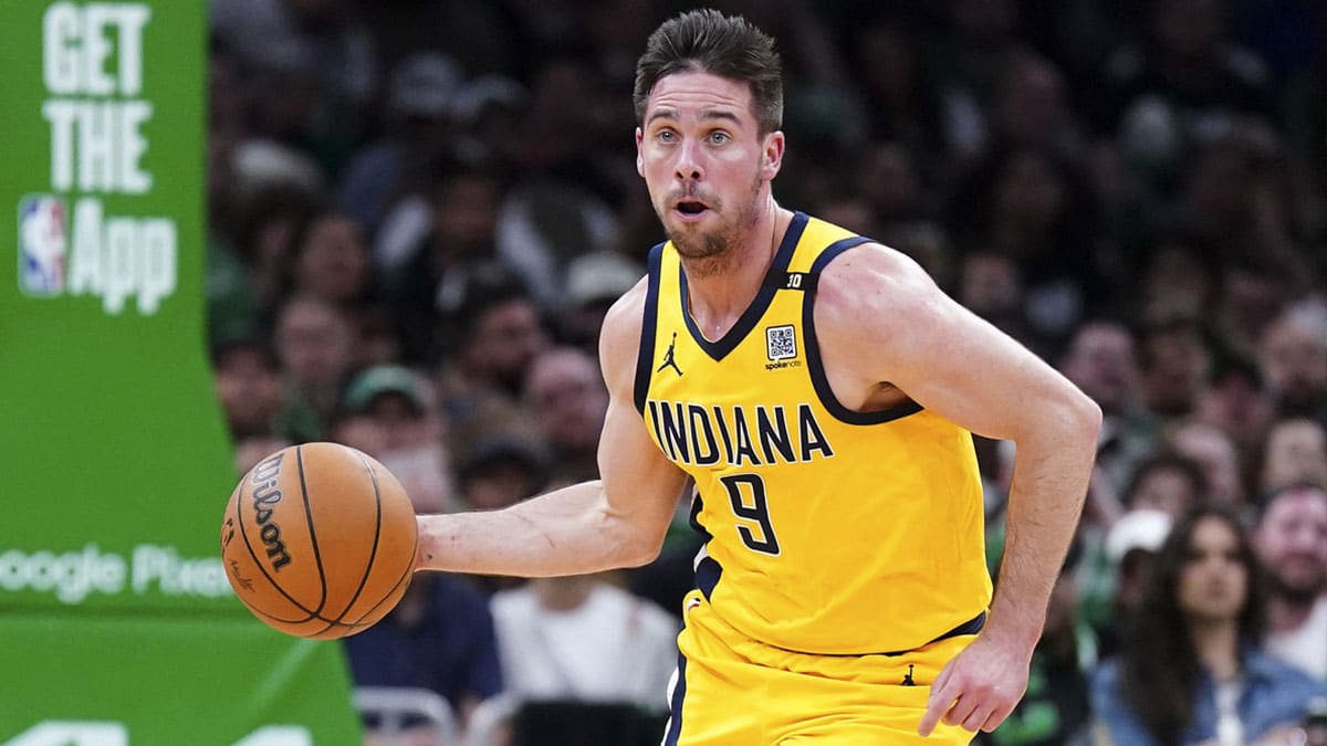 Indiana Pacers guard T.J. McConnell (9) returns the ball against the Boston Celtics in the second quarter during game one of the eastern conference finals for the 2024 NBA playoffs at TD Garden.
