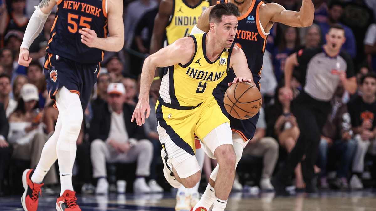 Indiana Pacers guard T.J. McConnell (9) brings the ball up court in the second quarter against the New York Knicks during game two of the second round for the 2024 NBA playoffs at Madison Square Garden.