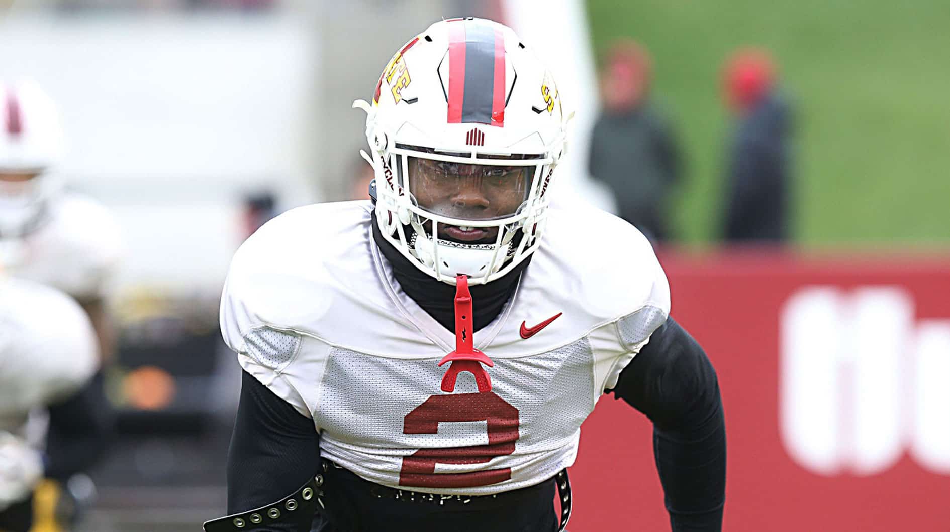 .J. Tampa (2) warms up during the university's Spring Football game