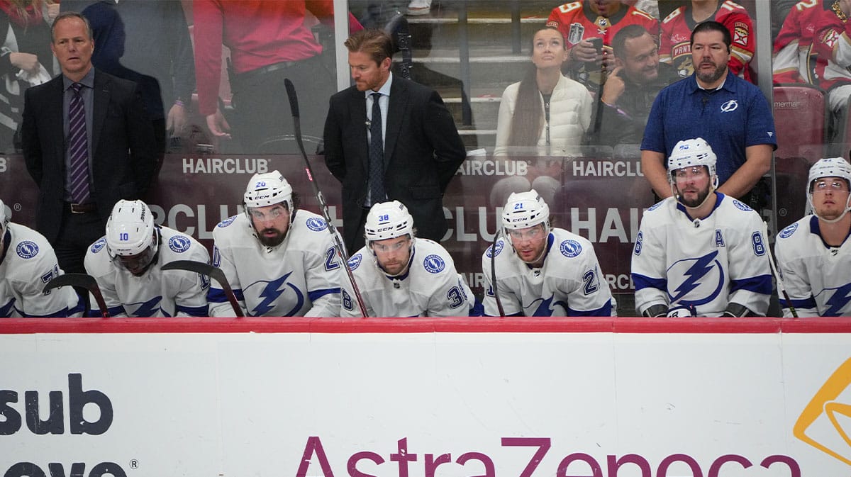 Tampa Bay Lightning looks on trailing the Florida Panthers late in the third period in game five of the first round of the 2024 Stanley Cup Playoffs at Amerant Bank Arena.