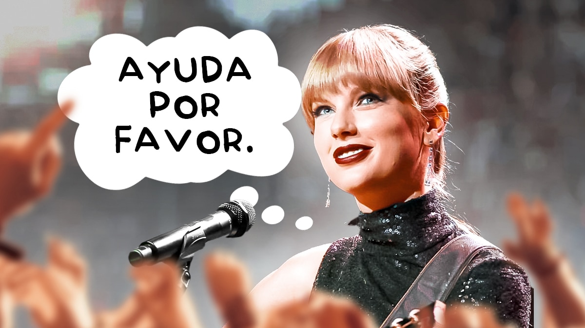 Taylor Swift on stage singing with a thought bubble that reads "Ayuda por favor."