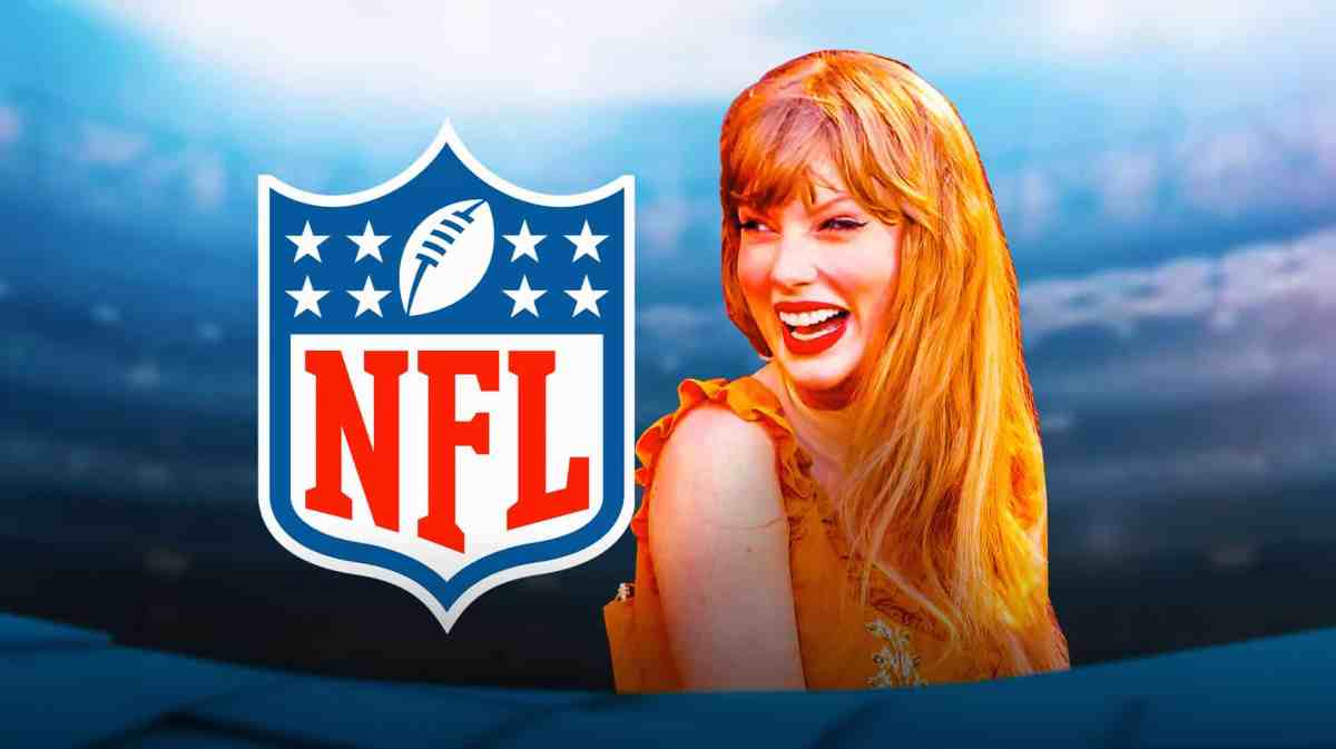 Taylor Swift smiling next to NFL logo