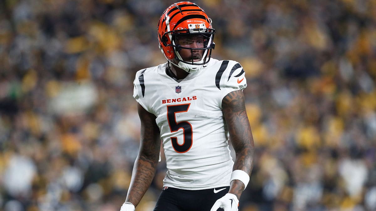 Cincinnati Bengals wide receiver Tee Higgins (5) at the line of scrimmage against the Pittsburgh Steelers during the second quarter at Acrisure Stadium.
