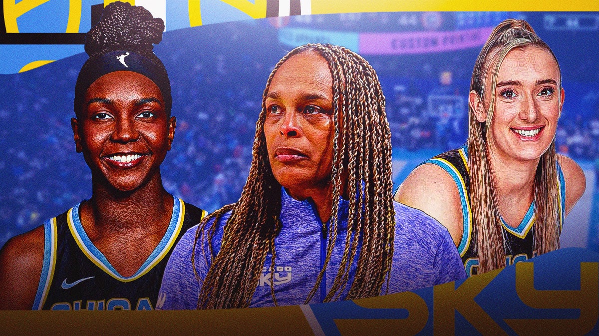 Chicago Sky's Teresa Weatherspoon, Marina Mabrey, Elizabeth Williams stands in front of wings crowd, Angel Reese in background