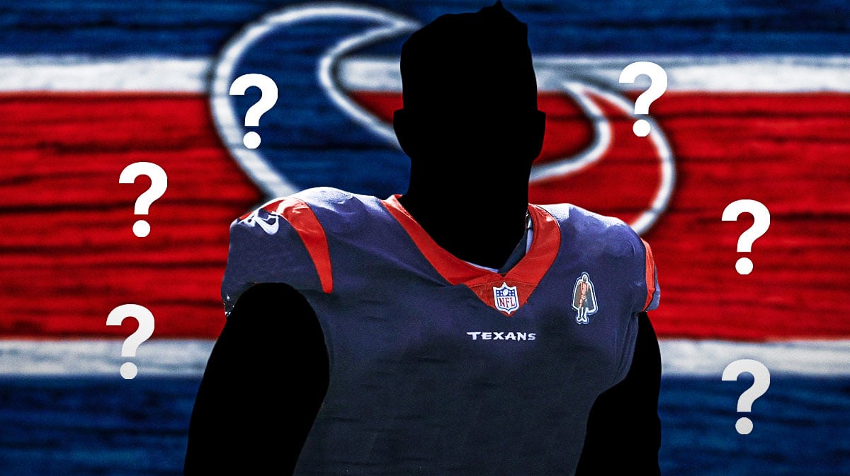 Silhouetted Houston Texans player, 3-5 question marks, Houston Texans logo, football field in background