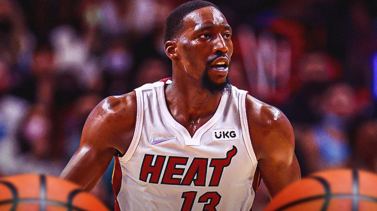 Miami Heat star Bam Adebayo in front of the Kaseya Center.