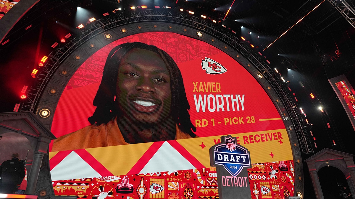 Texas Longhorns wide receiver Xavier Worthy is selected as the No. 28 pick of the first round by the Kansas City Chiefs during the 2024 NFL Draft at Campus Martius Park and Hart Plaza. 