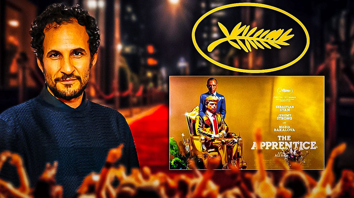 Pic from The Apprentice movie, director Ali Abbasi, and logo for Cannes film festival