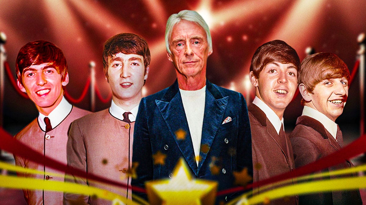 Paul Weller of The Jam between The Beatles George Harrison, John Lennon, Paul McCartney, and Ringo Starr.