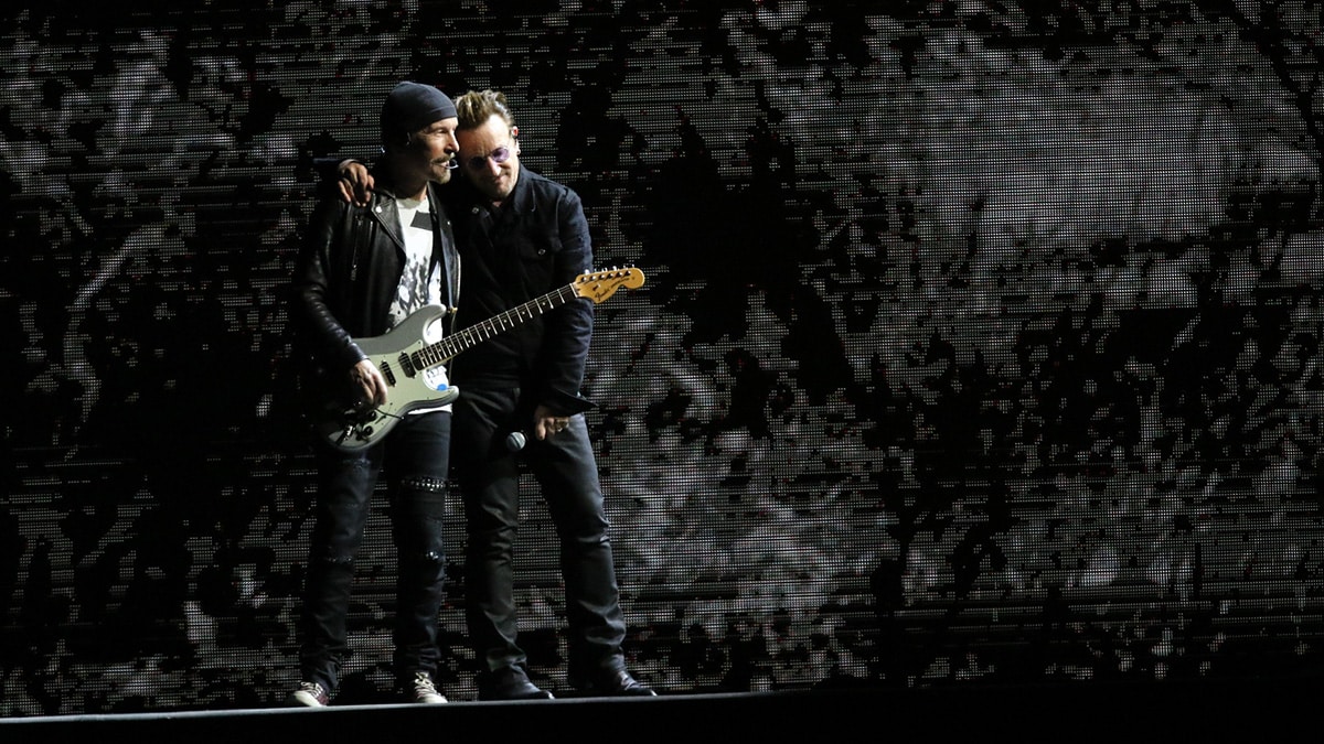 The Edge and Bono on U2 'Joshua Tree' tour in 2017.