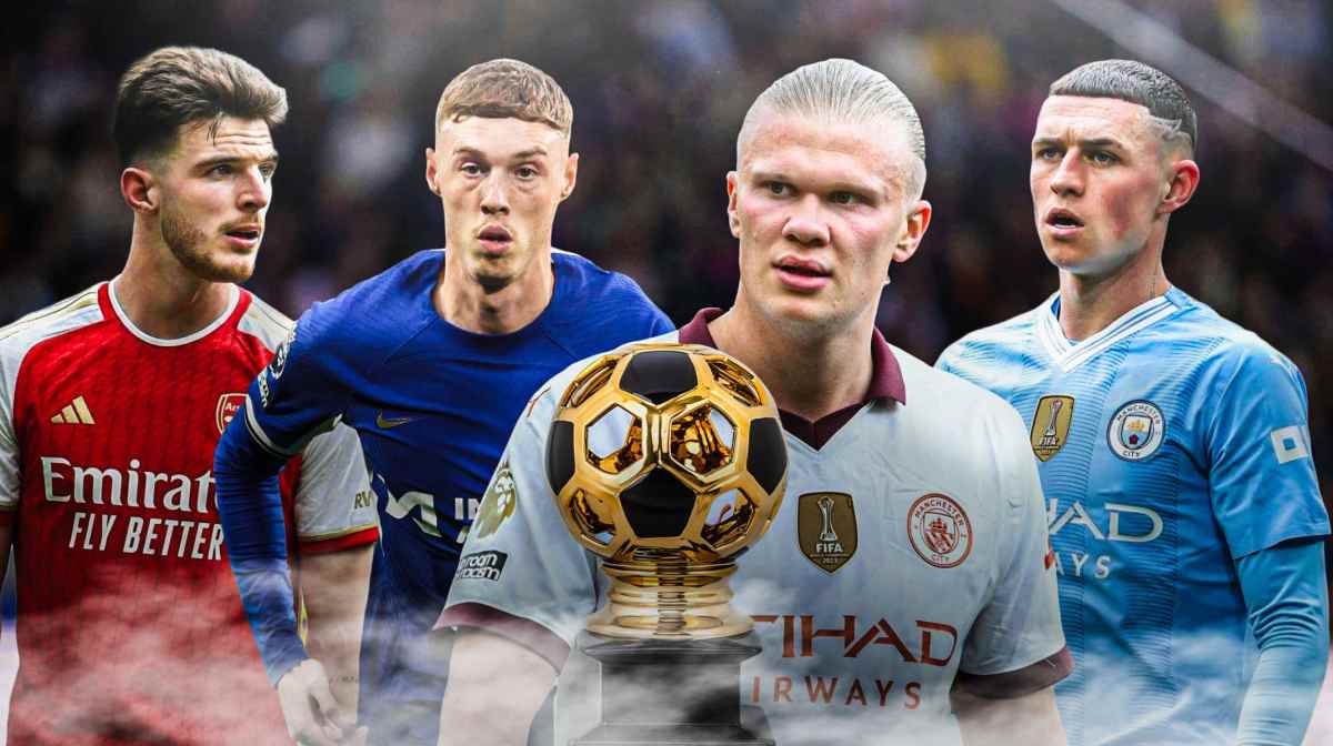 Erling haaland, Phil Foden, Declan Rice, Cole Palmer in front of a trophy