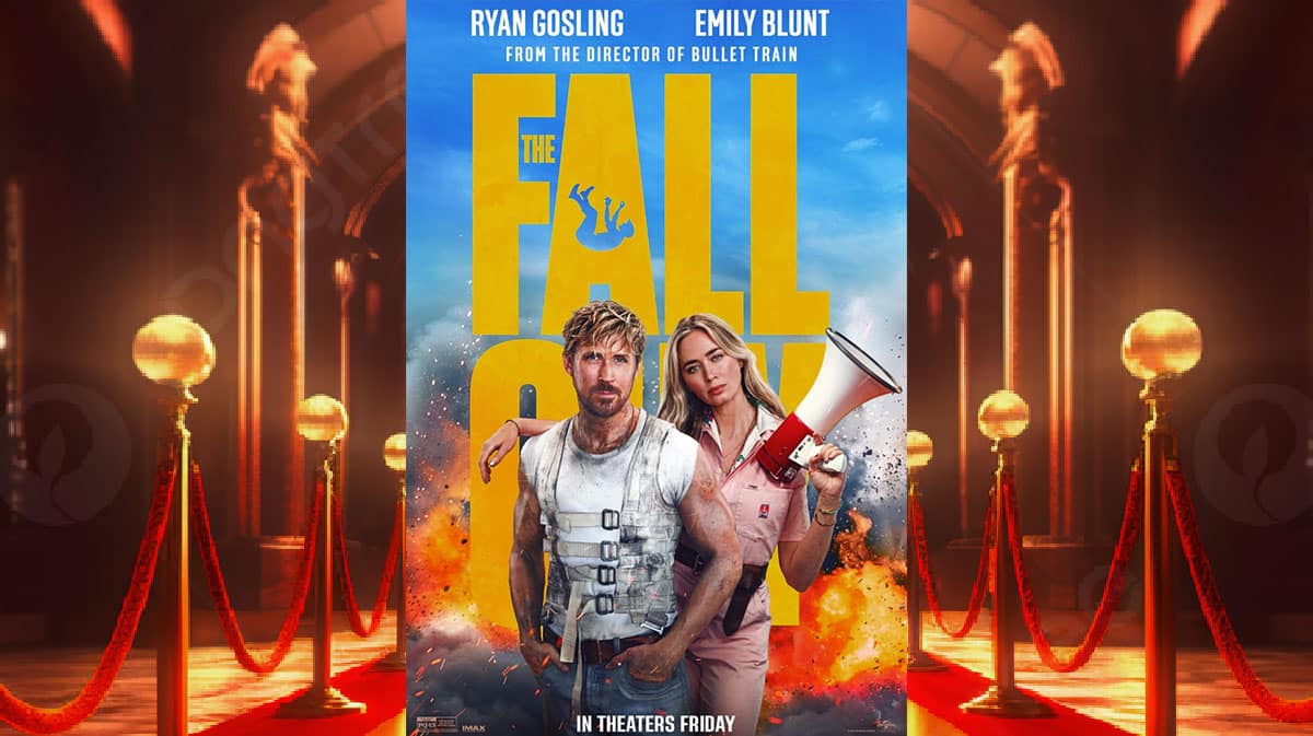 The Fall Guy poster with red carpet background.