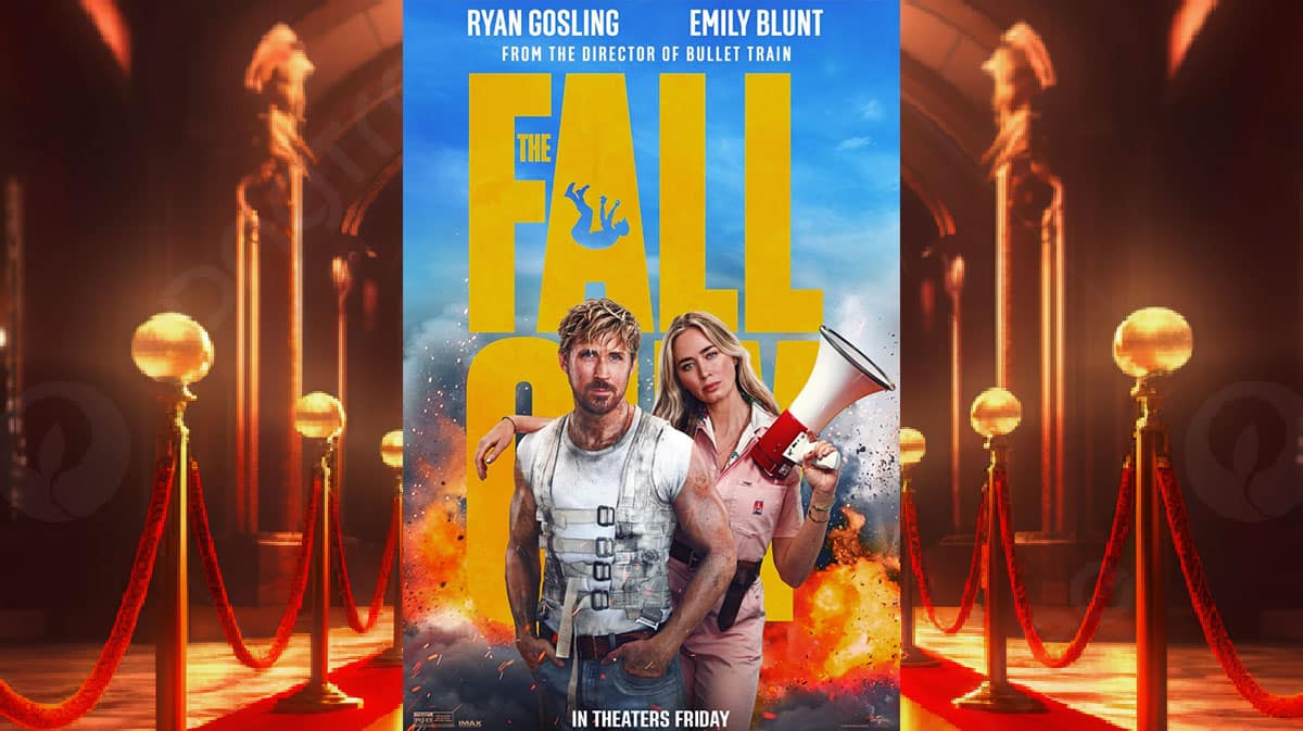The Fall Guy poster with red carpet background.