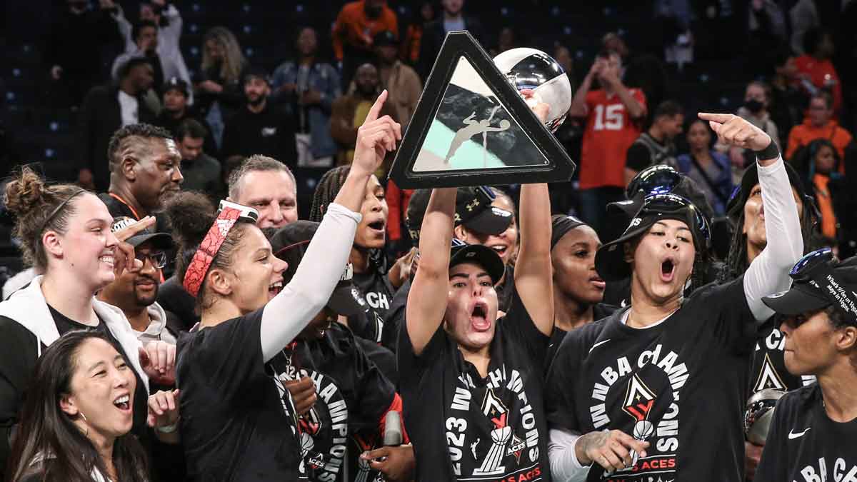 Oct 18, 2023; Brooklyn, New York, USA; The Las Vegas Aces celebrate after winning the 2023 WNBA Finals at Barclays Center. Mandatory Credit: Wendell Cruz-USA TODAY Sports