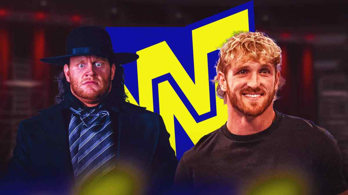 1990s The Undertaker next to Logan Paul with the late 1997 WWF Logo.