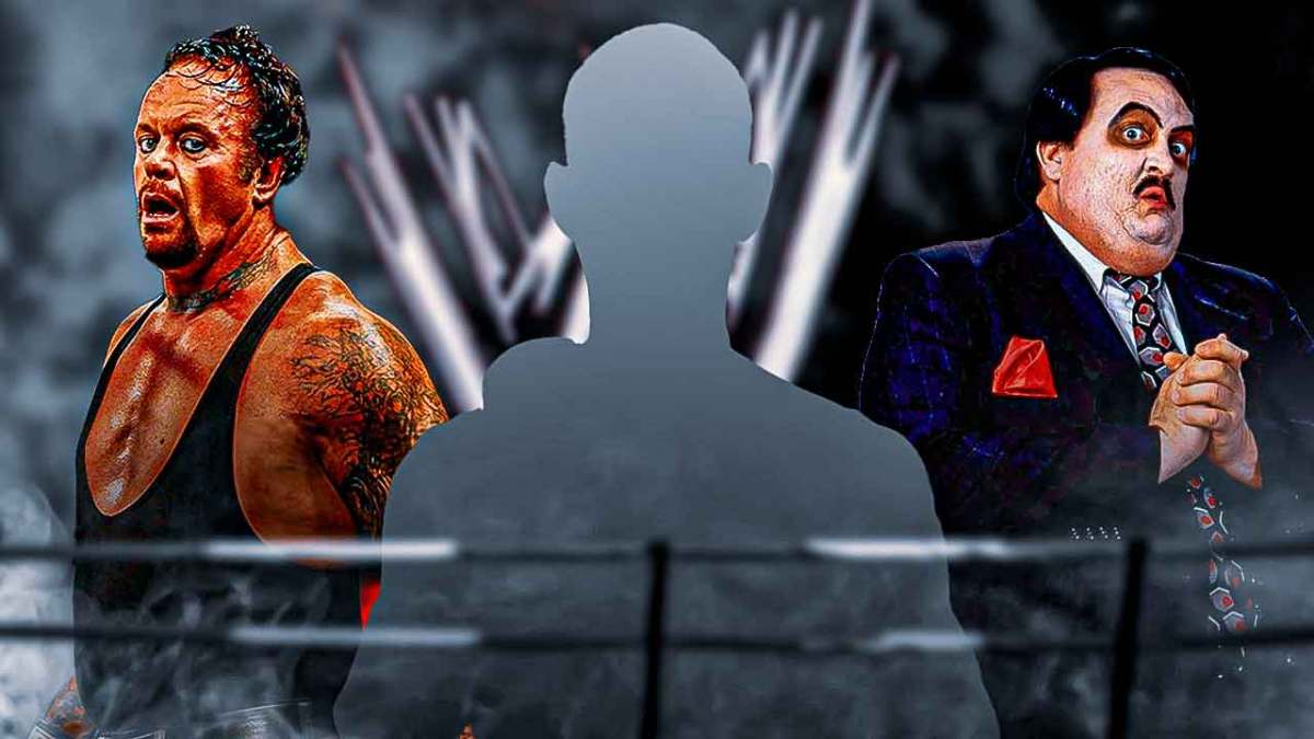 The blacked-out silhouette of CM Punk next to The Undertaker and Paul Bearer with the WWE logo as the background.
