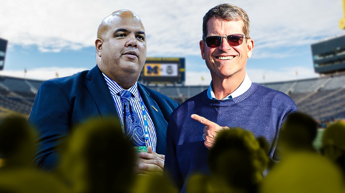 Jim Harbaugh, Michigan football, Wolverines, Warde Manuel, Jim Harbaugh Warde Manuel, Jim Harbaugh and Warde Manuel with Michigan football stadium in the background