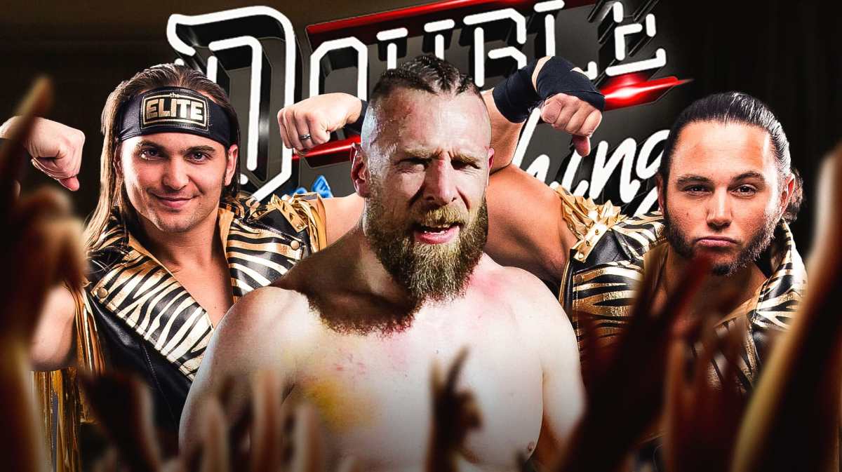 The Young Bucks next to Bryan Danielson with the AEW Double or Nothing logo as the background.