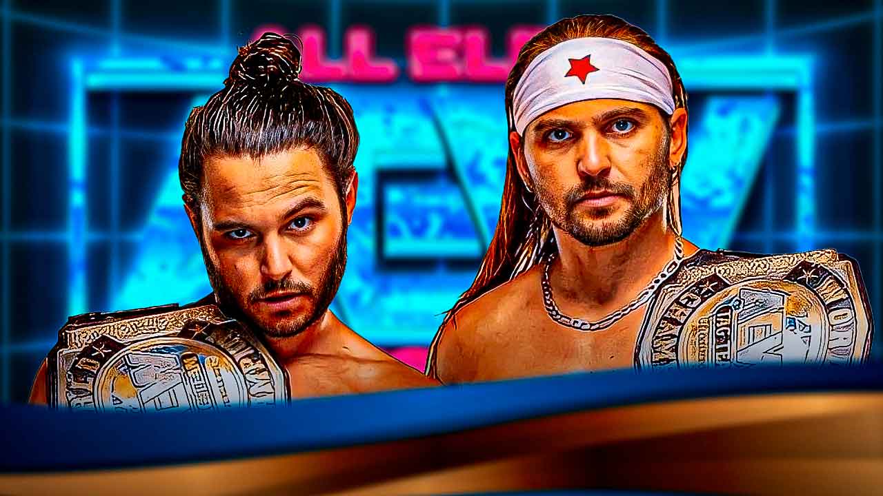 The Young Bucks holding flowers with the AEW logo as the background.