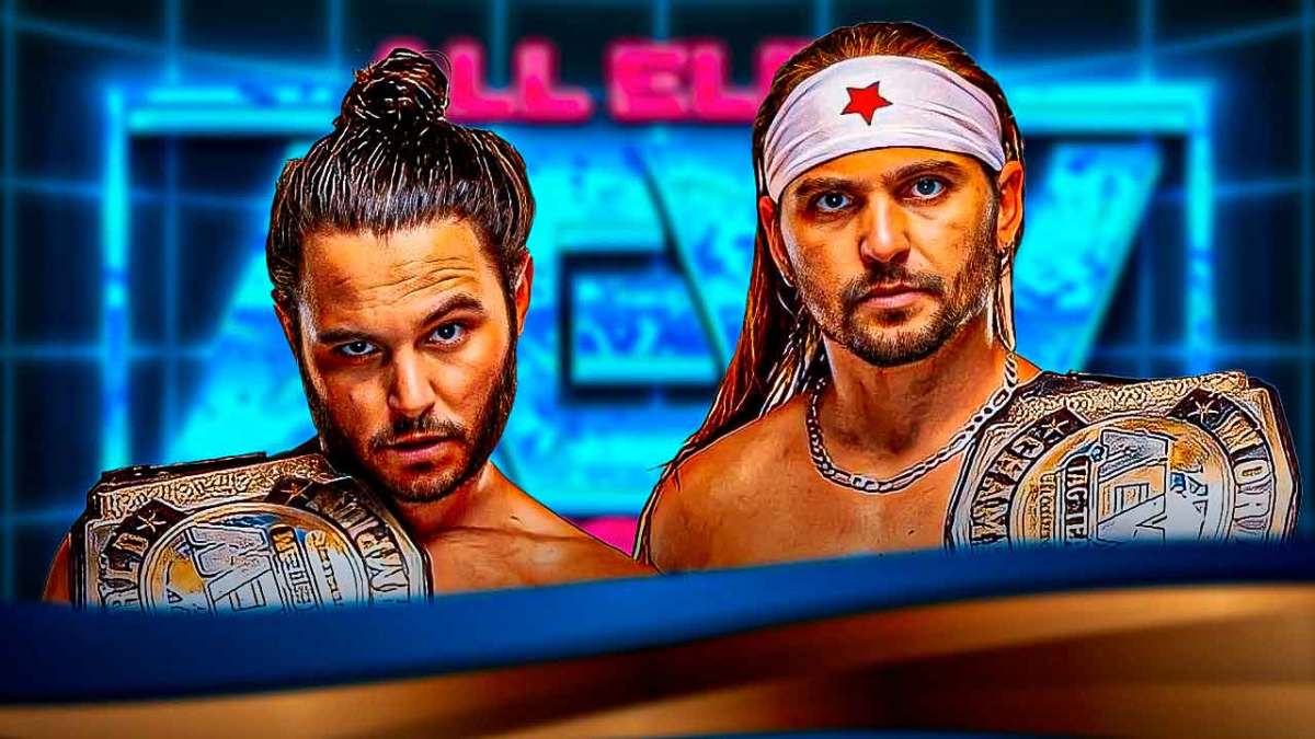 The Young Bucks holding flowers with the AEW logo as the background.