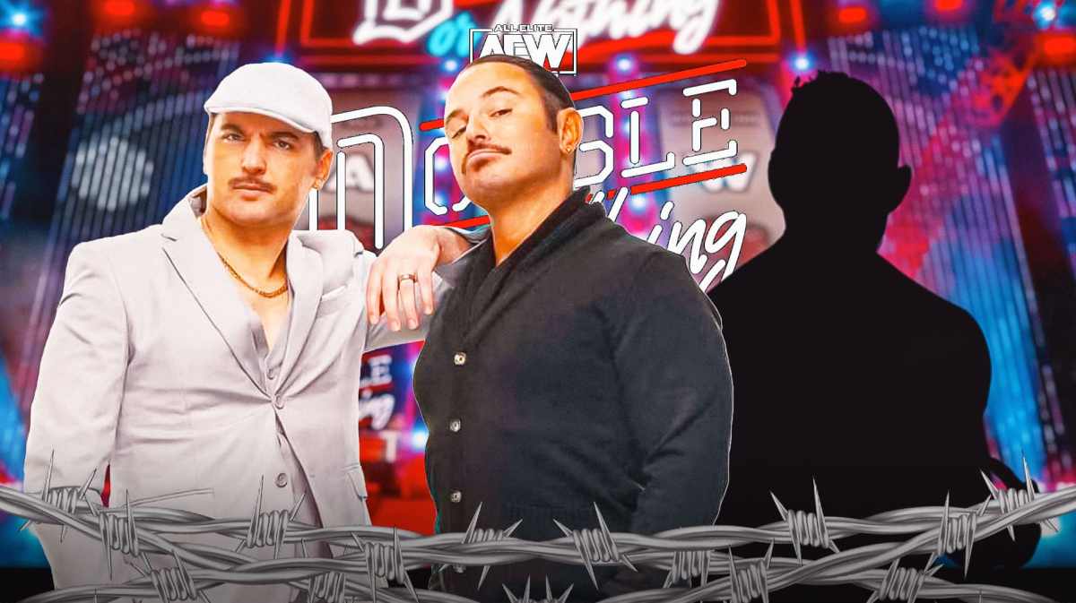 The 2024 Young Bucks next to the blacked-out silhouette of Darby Allin with the AEW Double or Nothing logo as the background.