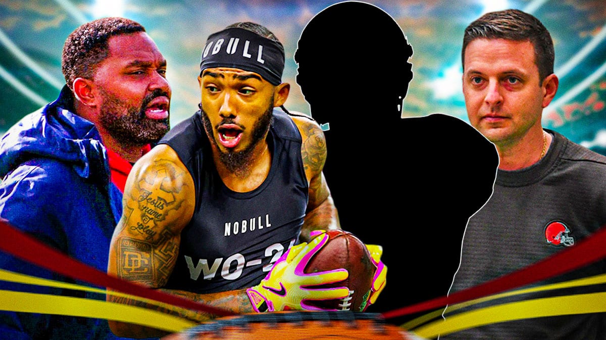 New England Patriots head coach Jerod Mayo with de facto general manager Eliot Wolf. They are next to wide receiver Ja’Lynn Polk and a silhouette of an American football player with a question mark in the middle.
