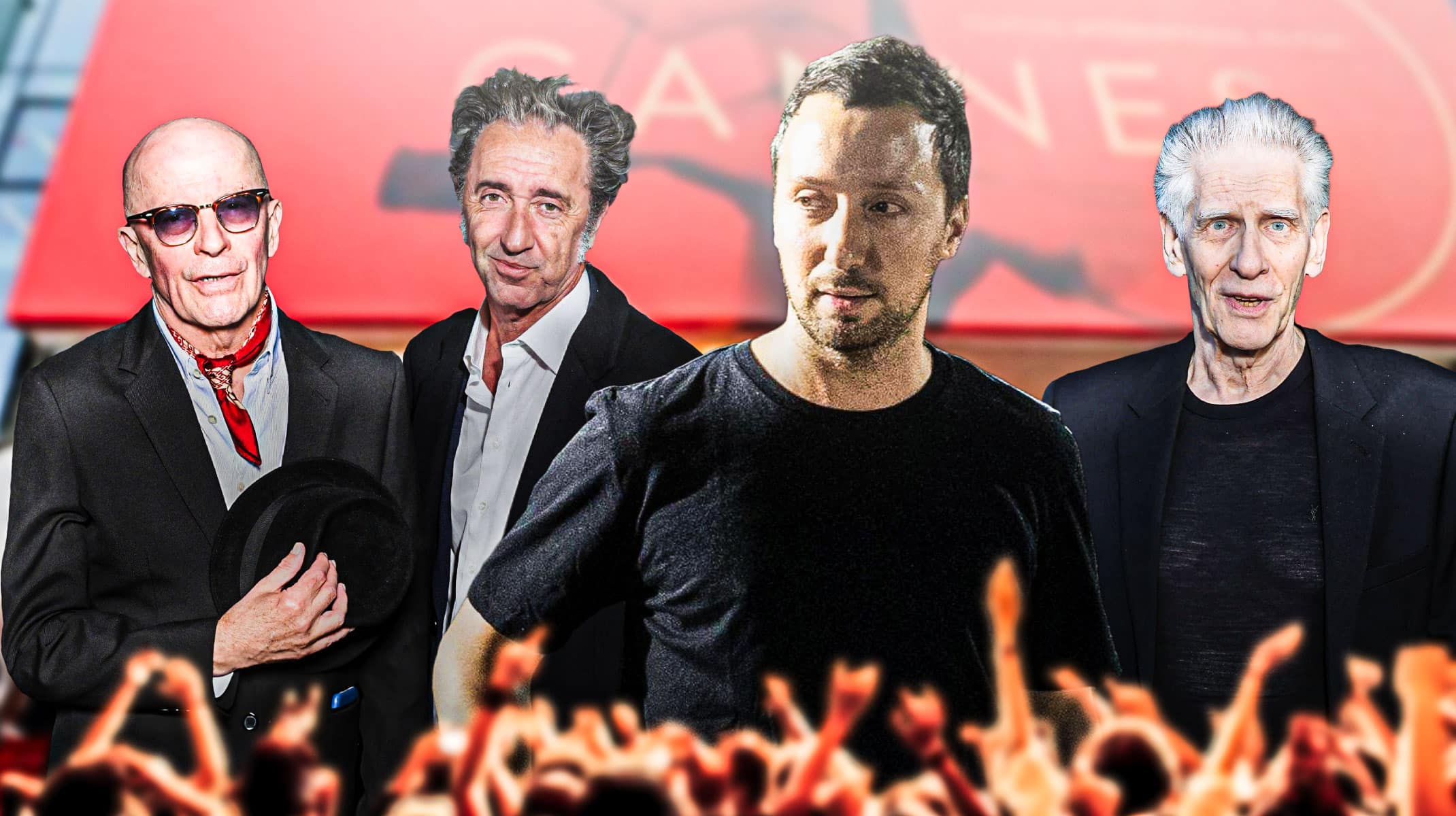 L-R: Jacques Audiard, David Cronenberg, Anthony Vaccarello and Paolo Sorrentino; Background: Cannes Film Festival red carpet