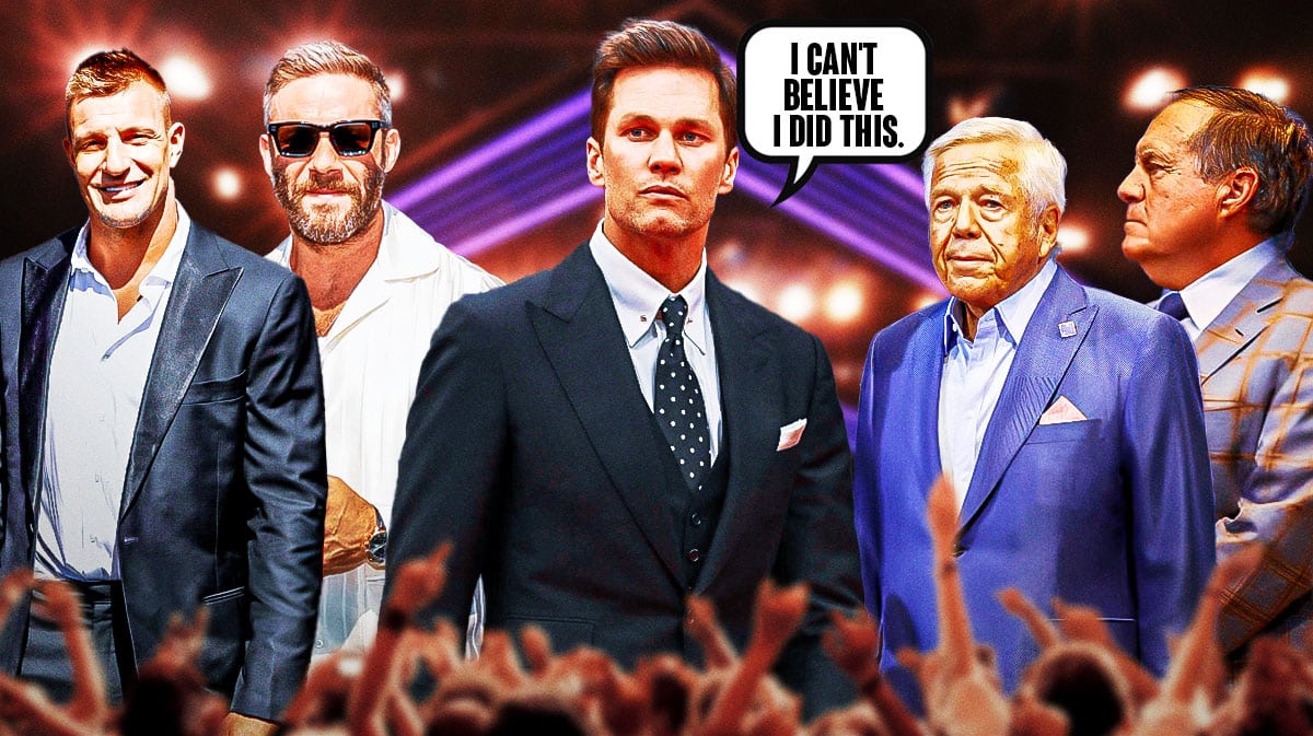 Tom Brady in the middle of the image with a quote bubble saying "I can't believe I did this" about his Netflix roast with Julian Edelman and Rob Gronkowski on the left side with Bill Belichick and Robert Kraft on the right side.