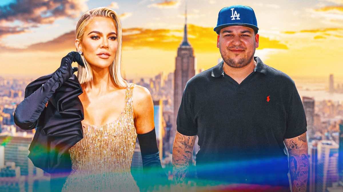 Khloe Kardashian and Rob Kardashian with a skyline behind them