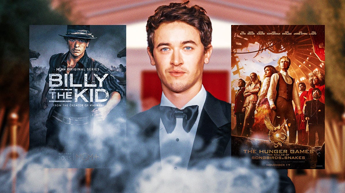 Tom Blyth between Billy the Kid and The Hunger Games: The Ballad of Songbirds and Snakes posters.