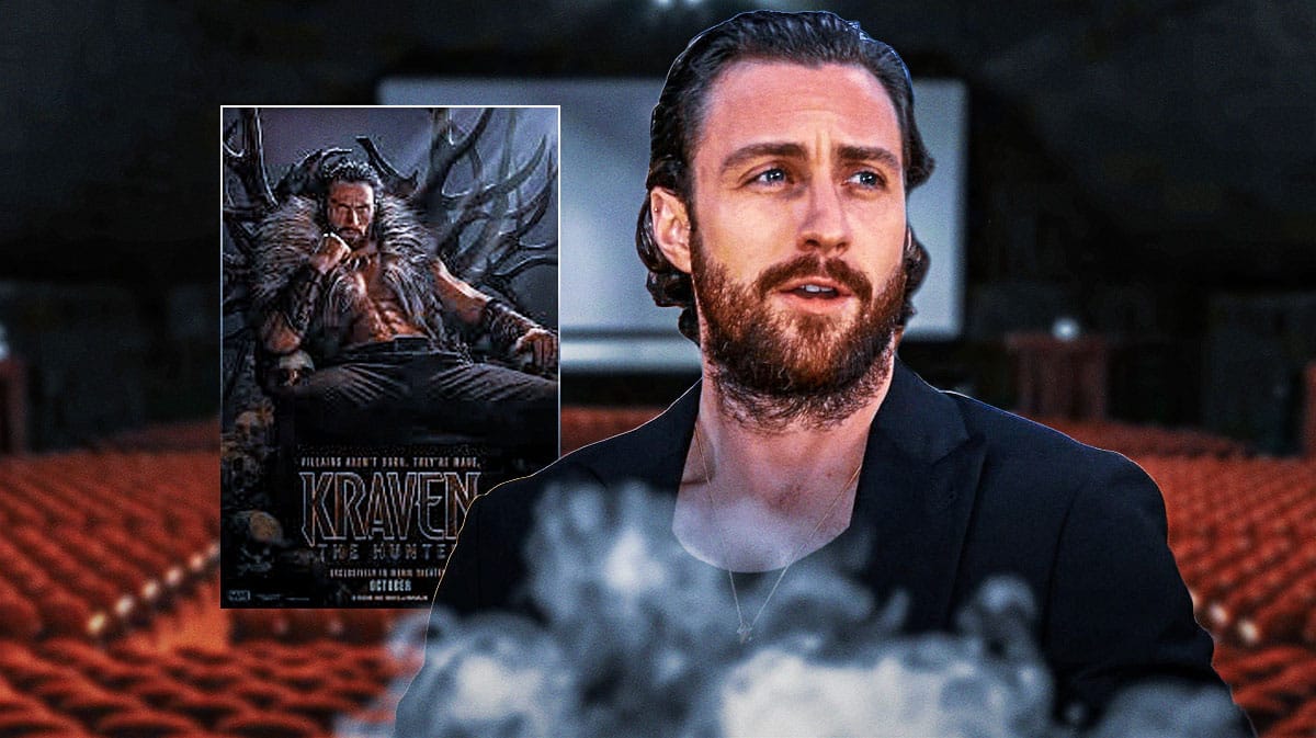 Aaron Taylor-Johnson with Sony Spider-man Universe film Kraven the Hunter poster and movie theater background.