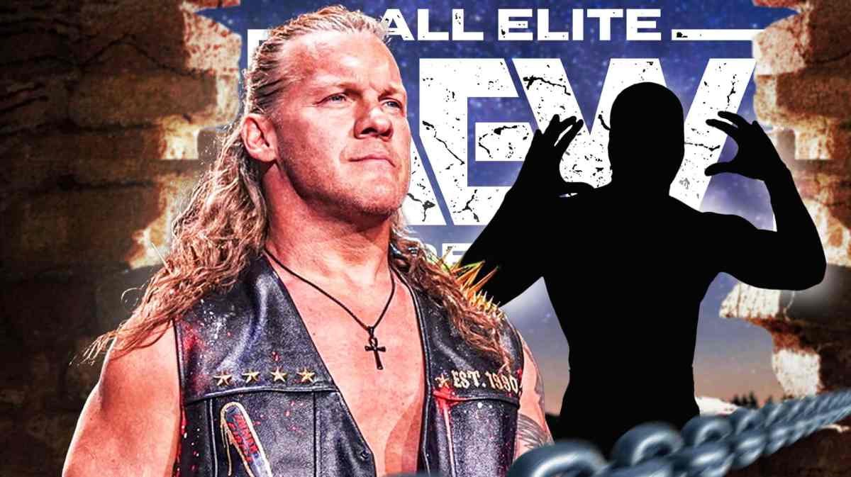 Chris Jericho and the blacked-out silhouette of Atlantis Jr with the AEW logo as the background.