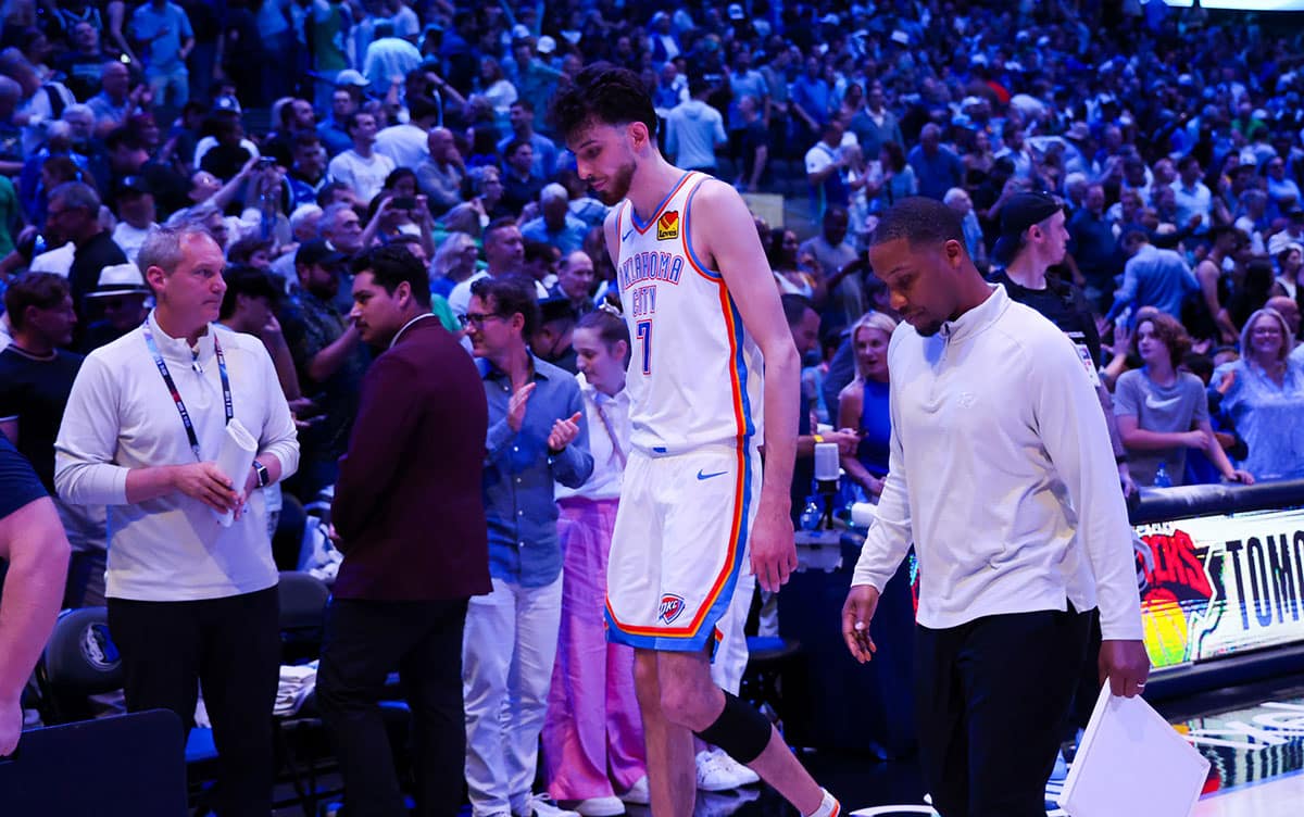 Oklahoma City Thunder forward Chet Holmgren (7) reacts after the game against the Dallas Mavericks in game six of the second round of the 2024 NBA playoffs at American Airlines Center.
