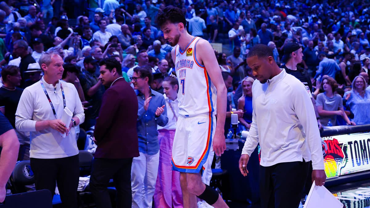 Oklahoma City Thunder forward Chet Holmgren (7) reacts after the game against the Dallas Mavericks in game six of the second round of the 2024 NBA playoffs at American Airlines Center