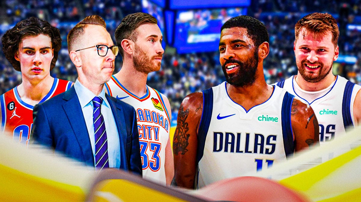 Thunder's Josh Giddey, Sam Presti and Gordon Hayward with Mavericks' Kyrie Irving and Luka Doncic