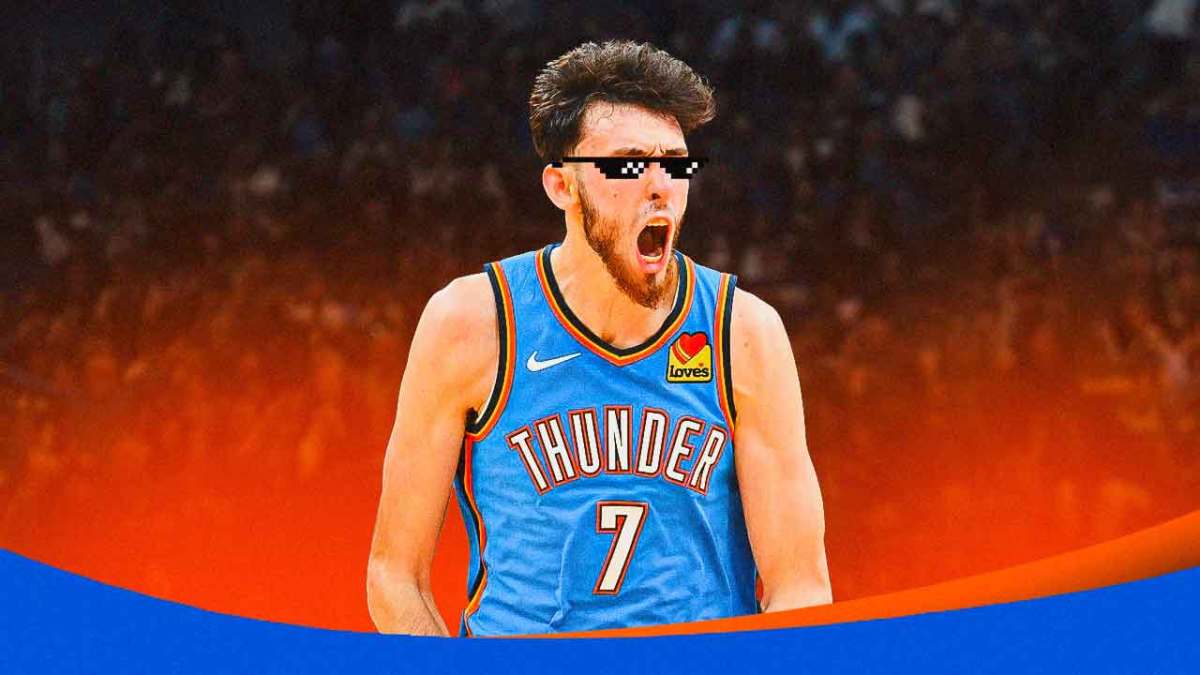 action shot of Chet Holmgren (Thunder) with deal with it shades