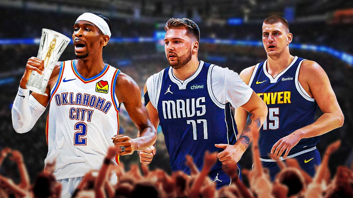 Thunder's Shai Gilgeous-Alexander running away with the MVP award (the new glass one), with Mavericks' Luka Doncic and Nuggets' Nikola Jokic chasing him