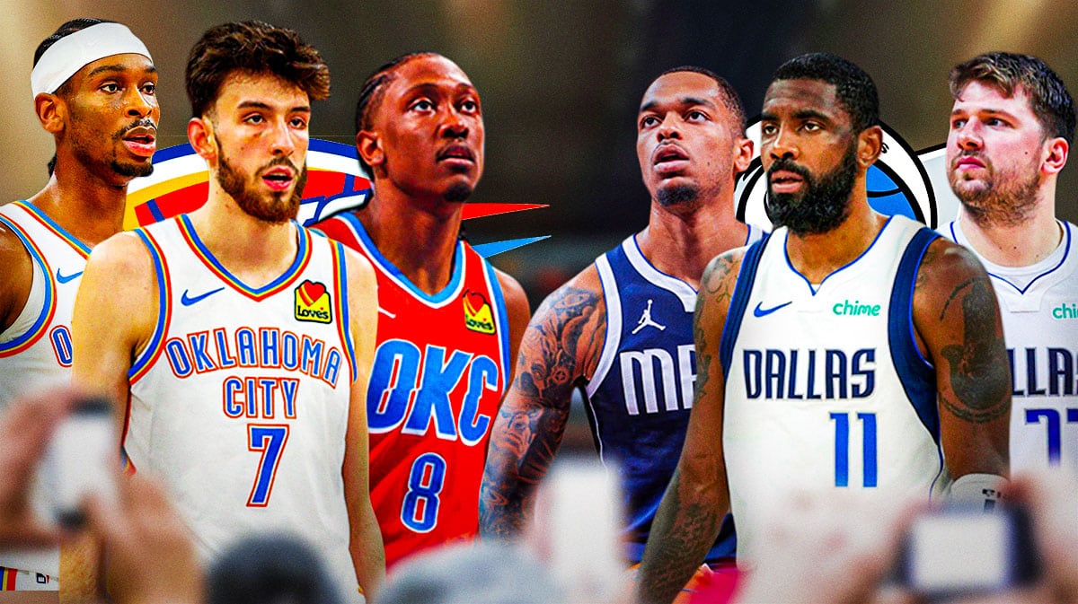 Shai Gilgeous-Alexander, Chet Holmgren, Jalen Williams, Thunder logo on one side. On the other side is Luka Doncic, Kyrie Irving, P.J. Washington, Mavericks logo.